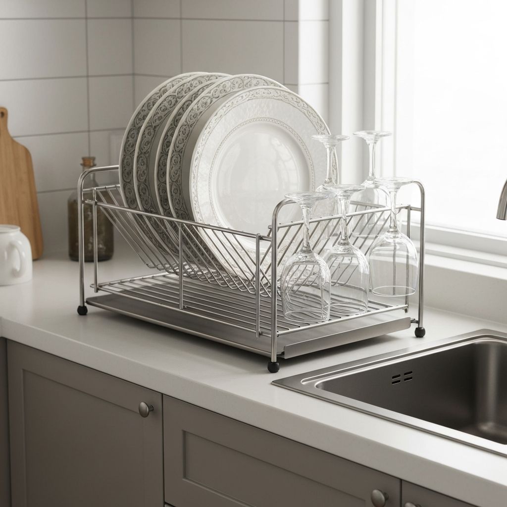 Cocina organizada con escurridor de platos de acero