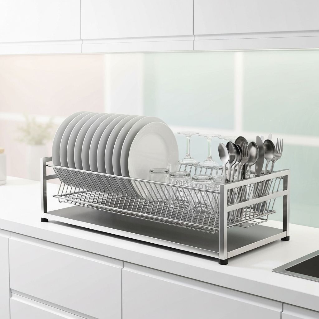 Escurridor de platos multifuncional de acero en una cocina moderna
